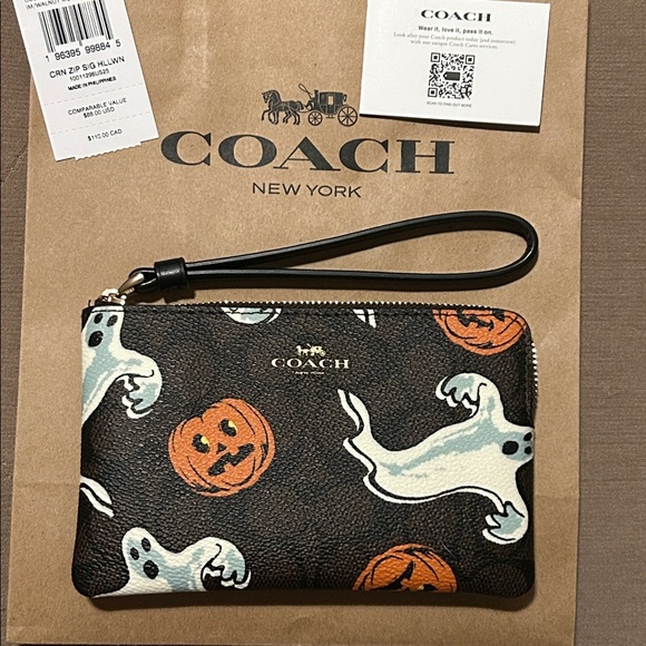 Coach corner zip Wristlet with Ghost and Pumpkin Design - Picture 1 of 6